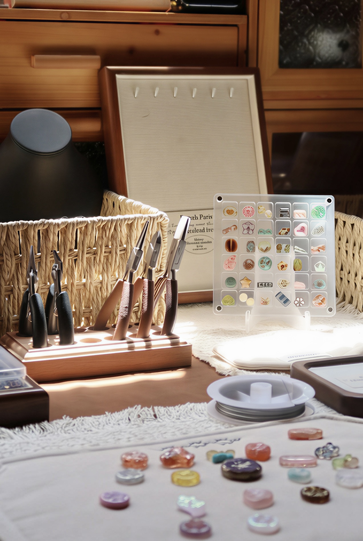 Innhue studio table with tools and Czech glass pieces