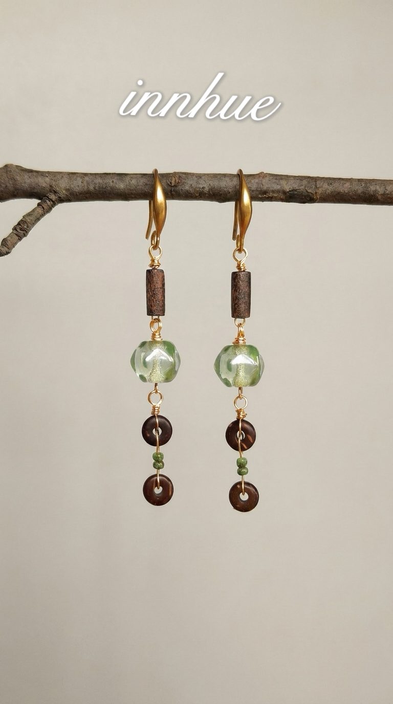 Forest Song Earrings - Green Agate & Wood Grain view 1