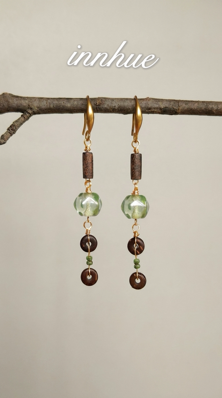 Forest Song Earrings - Green Agate & Wood Grain view 1