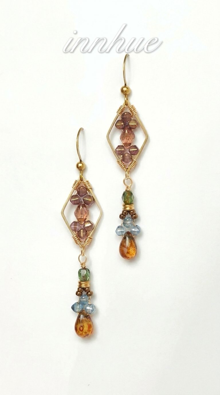 Geometric Mosaic - Wire-Wrapped Czech Glass Drop Earrings view 1