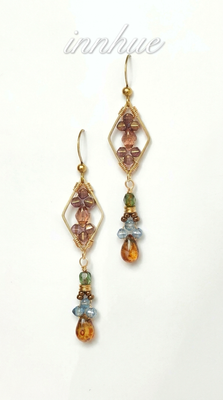 Geometric Mosaic - Wire-Wrapped Czech Glass Drop Earrings view 1