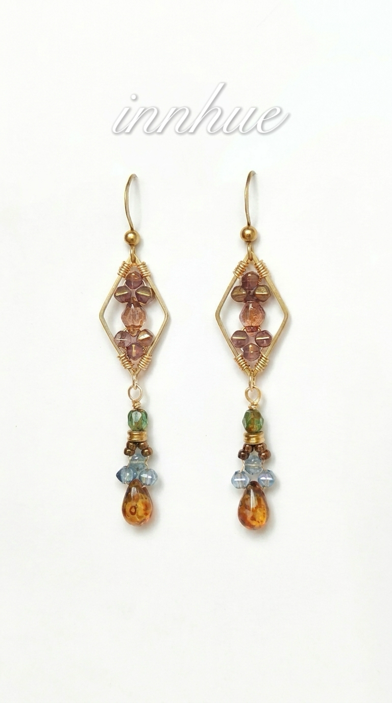 Geometric Mosaic - Wire-Wrapped Czech Glass Drop Earrings view 2