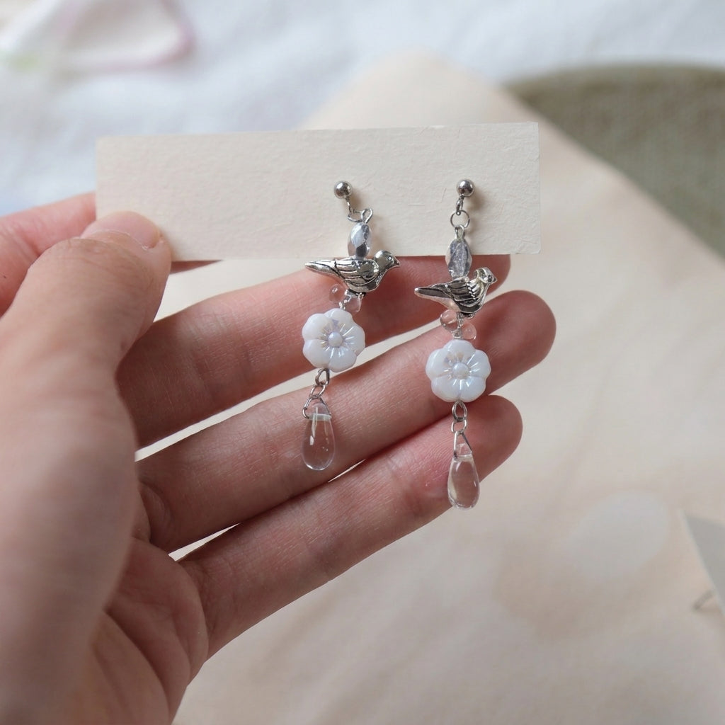 The Bird & The Bloom — Silver Bird Drop Earrings view 2